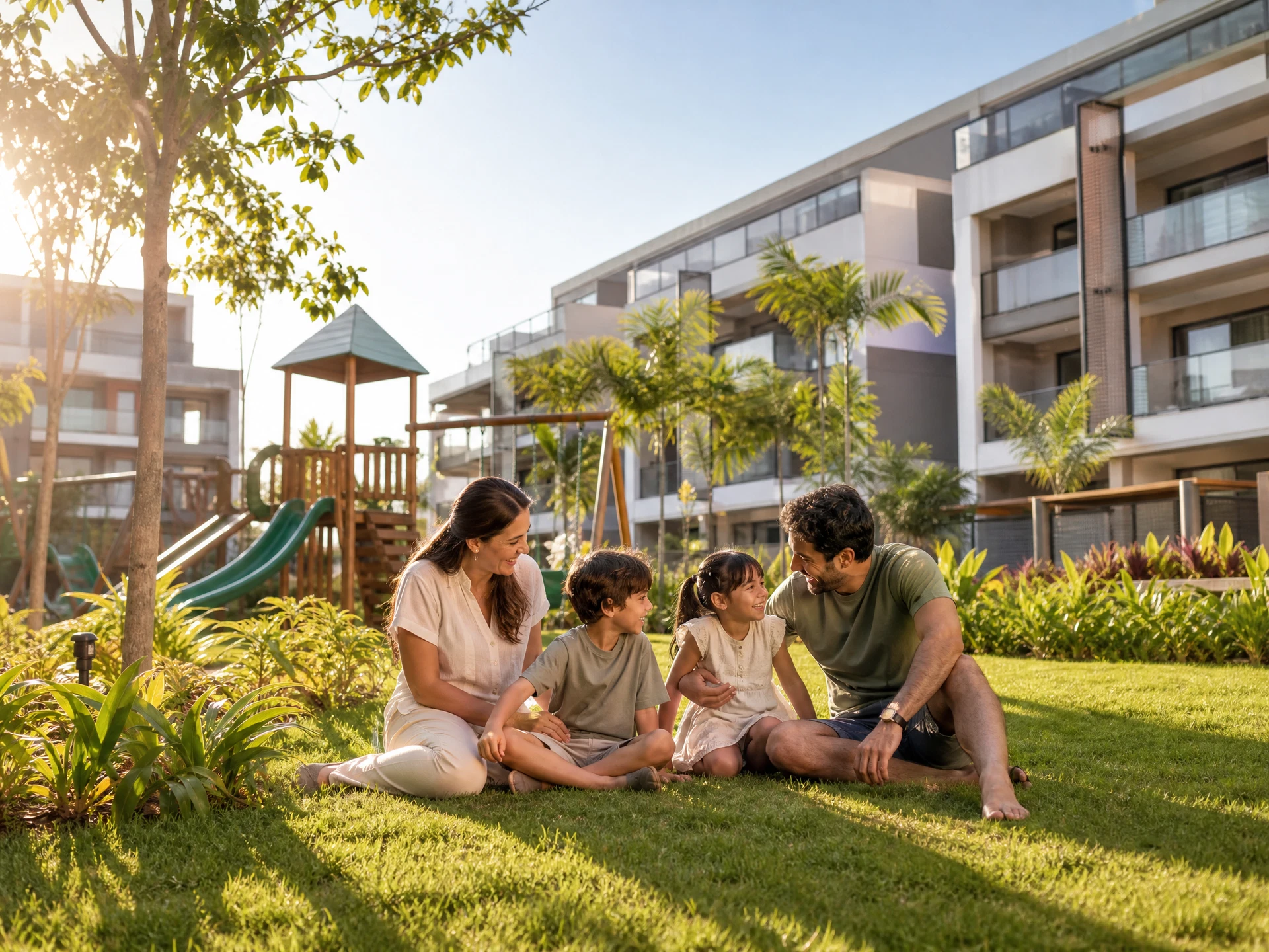 Família em área verde com playground