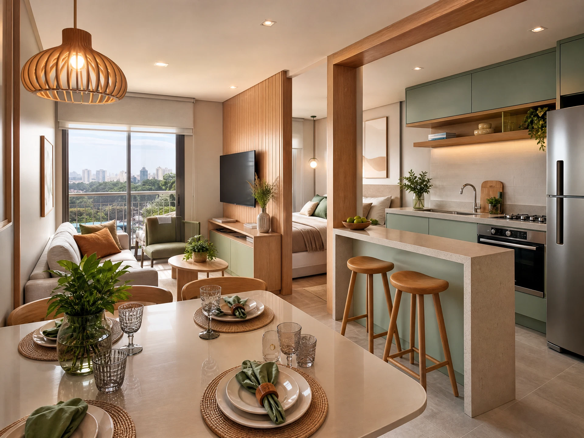 Sala de estar e cozinha integradas em apartamento decorado